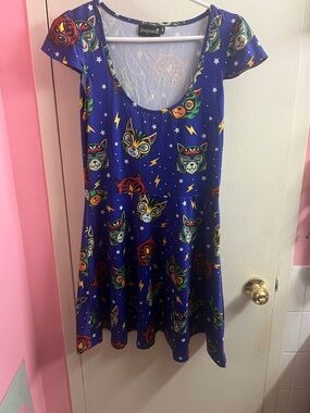 Sourpuss Royal Blue Masked Cat Print Skater Dress